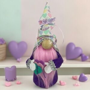 Valentines Day Gnome Purple Flannel Vintage Pastel Hearts Silver Trim Handmade